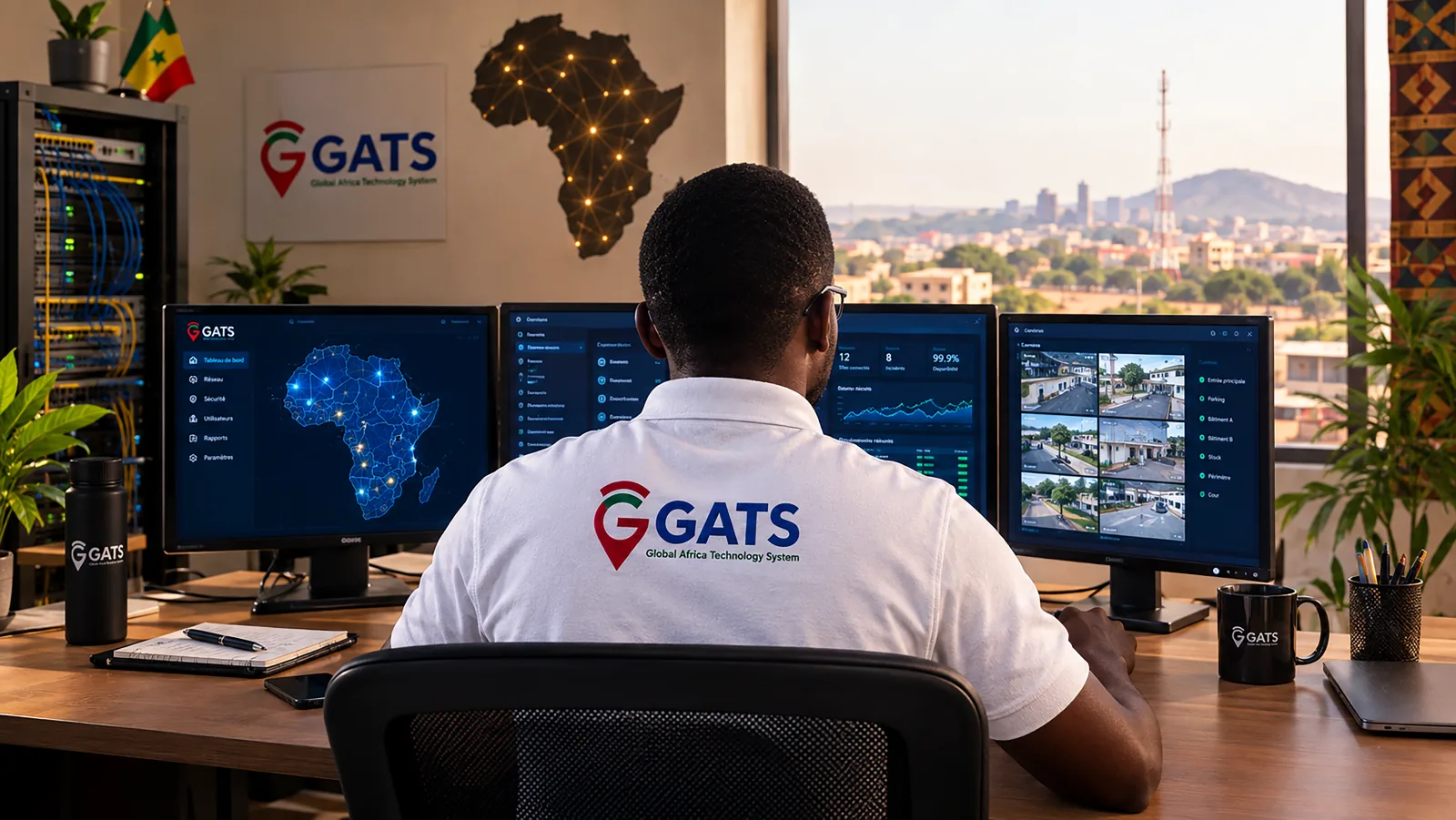 Agent GATS en cellule de supervision, entouré d'écrans affichant la carte de supervision Afrique, la vidéosurveillance et les tableaux de bord